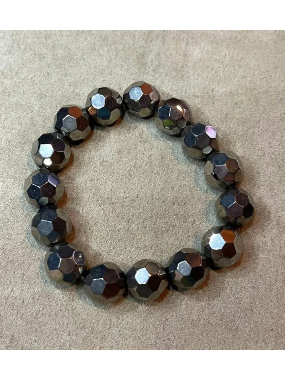 Vintage Y2K Express Multi Faceted Polished Hematite Beaded Stretch Bracelet